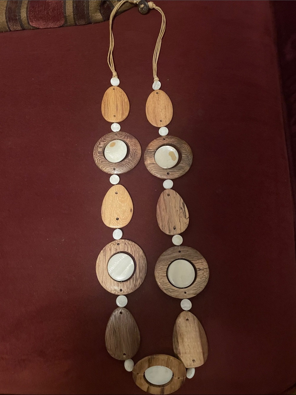 Handmade Wooden Bead Necklace with White Accents